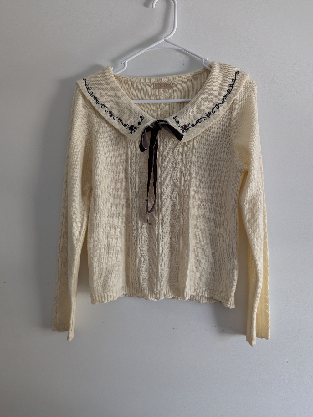 Axes Femme Cream Embroidered Sailor Collar Knit Sweater